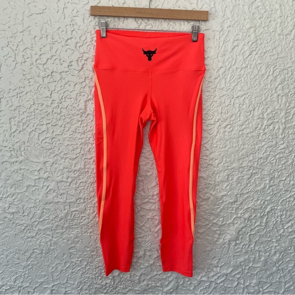 Under Armour Project Rock Women’s Neon Orange Side Strip Compression Leggings M - Picture 2 of 8
